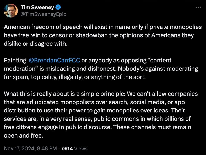 Tweet by Tim Sweeney discussing freedom of speech and private monopolies, emphasizing the importance of keeping public discourse channels open and free.