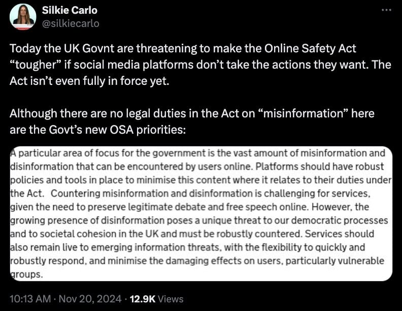 Tweet by Silkie Carlo discussing the UK Government's intention to strengthen the Online Safety Act, focusing on misinformation and disinformation priorities. Includes a highlighted text box outlining government concerns and measures.