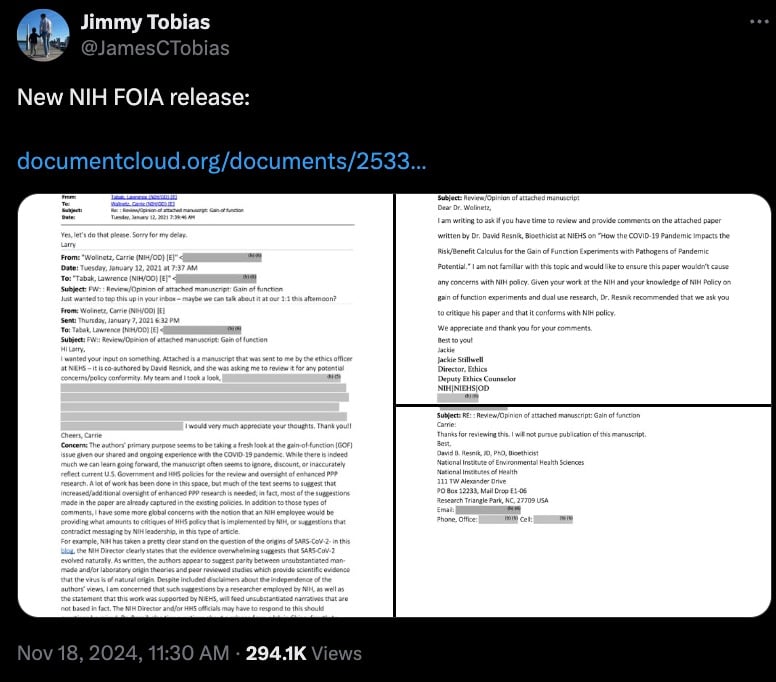 Screenshot of a tweet by Jimmy Tobias discussing a new NIH FOIA release, featuring partially redacted email exchanges related to the review of a manuscript on gain-of-function research.