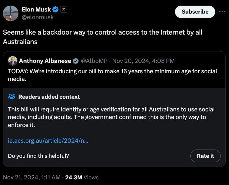 Tweet discussing a bill to set 16 as the minimum age for social media use in Australia, with identity or age verification required, reposted by Elon Musk with commentary on internet control.