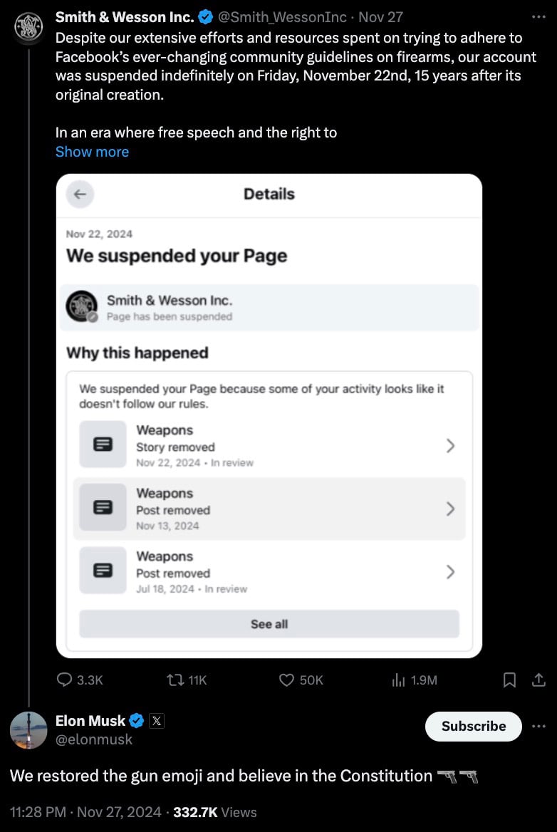A screenshot of a Twitter post by Smith & Wesson Inc. announcing the indefinite suspension of their Facebook account due to guideline violations related to firearms. The post includes Elon Musk's comment below, stating support for free speech and the constitution with gun emojis.