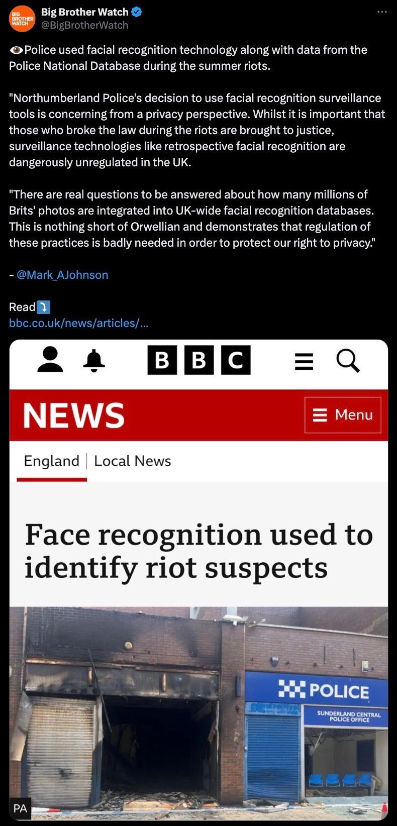 Screenshot of a tweet from Big Brother Watch about UK police using facial recognition technology during summer riots, mentioning privacy concerns. Below is a BBC news article headline about facial recognition used to identify riot suspects, with an image of a damaged building and a police station.