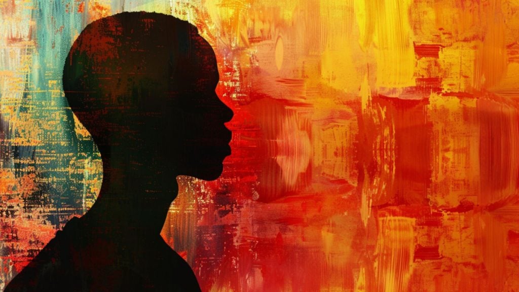 Silhouette of a person against a vibrant, abstract background with shades of orange and yellow.