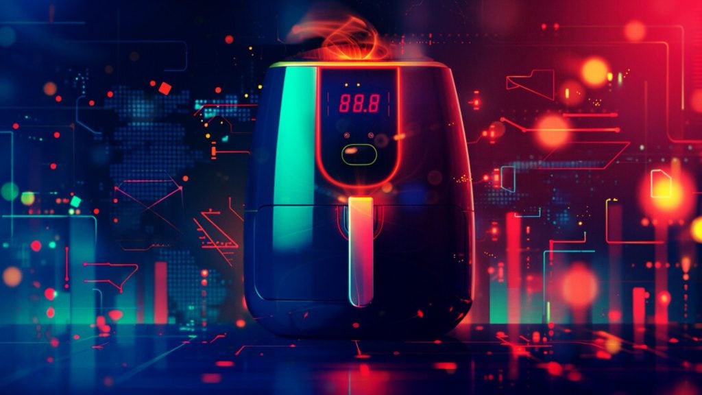 Futuristic air fryer with digital display surrounded by colorful glowing lights and abstract geometric patterns.