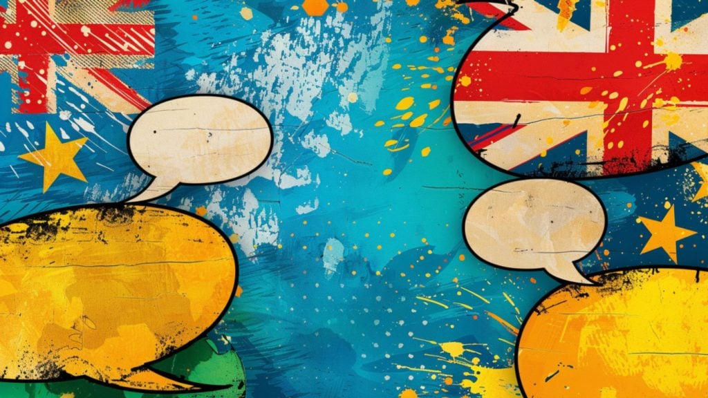 Colorful graffiti-style artwork with overlapping speech bubbles, abstract brush strokes, and partially visible flags of the UK and EU.