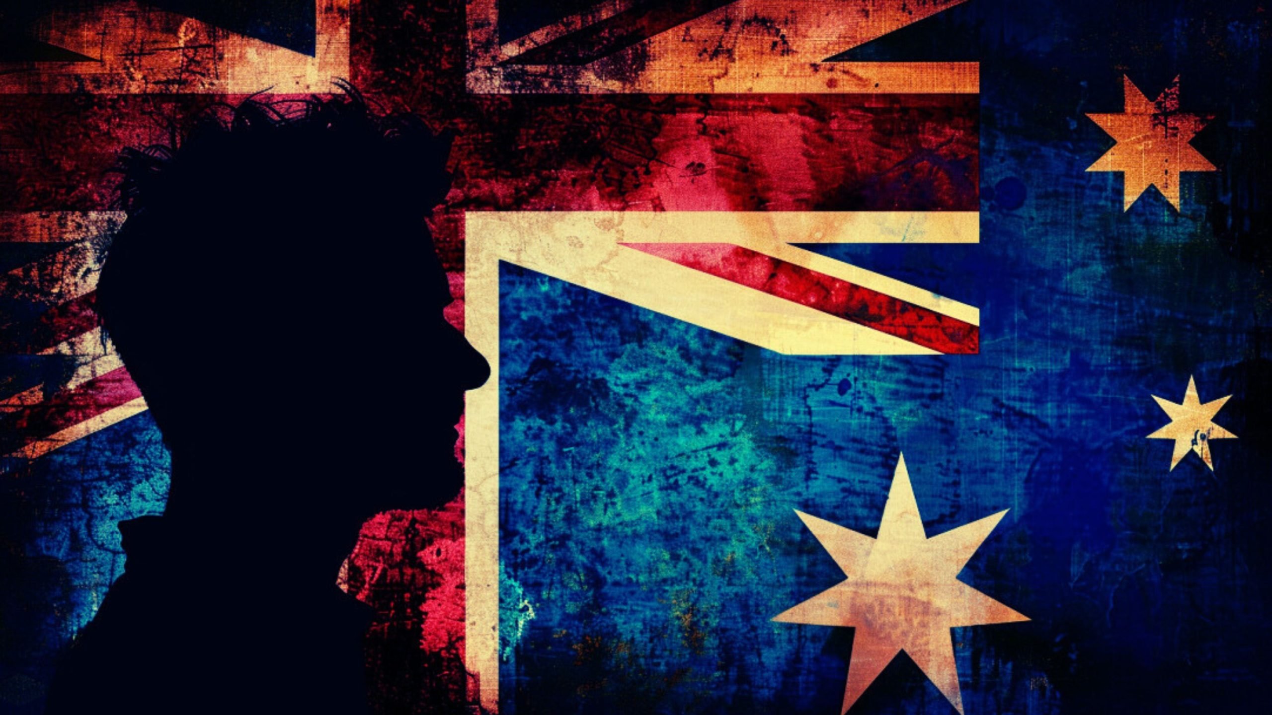 Silhouette of a man against an artistic depiction of the Australian flag.