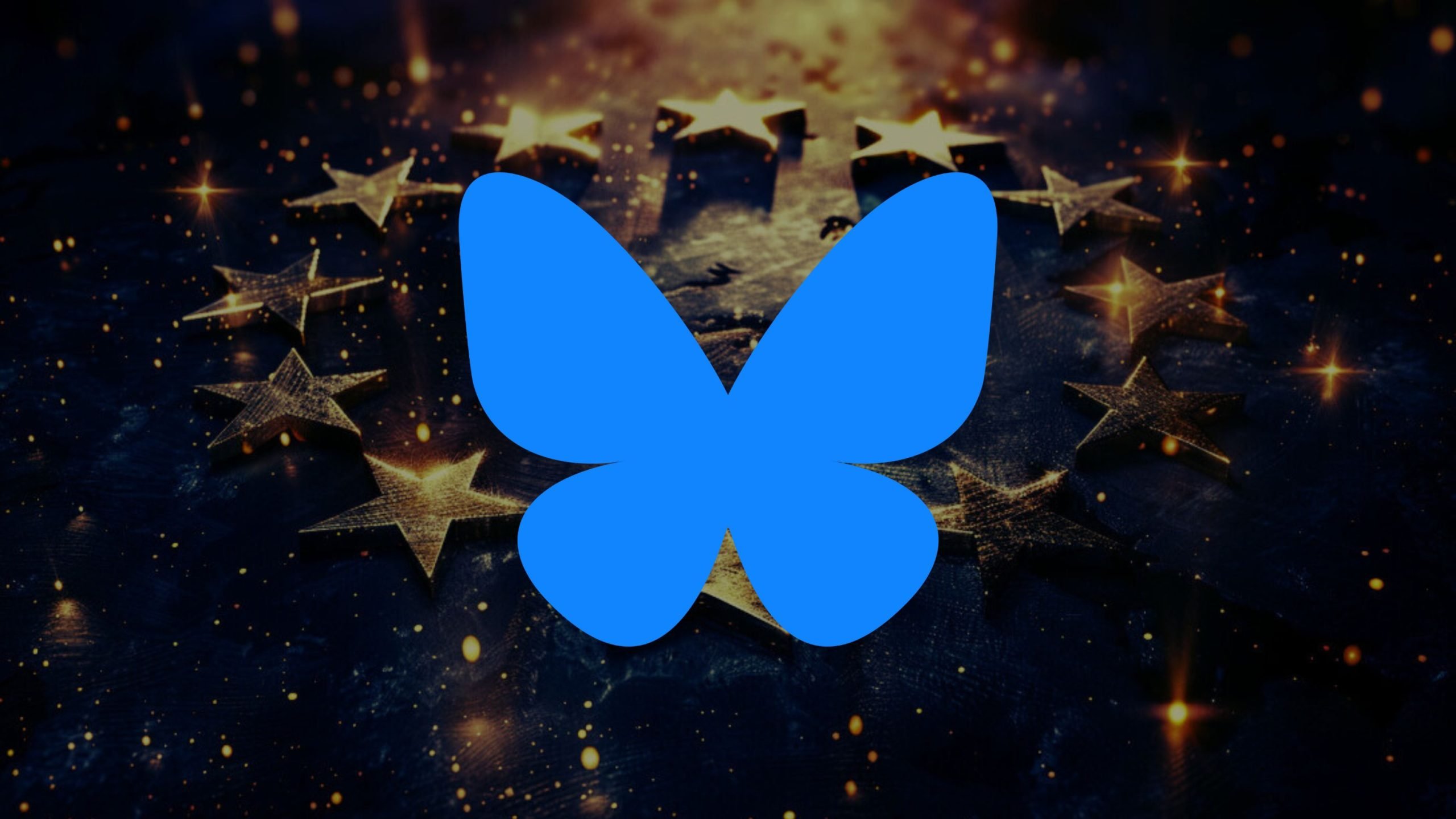 A blue butterfly silhouette over a dark background with golden stars and light bokeh effects.