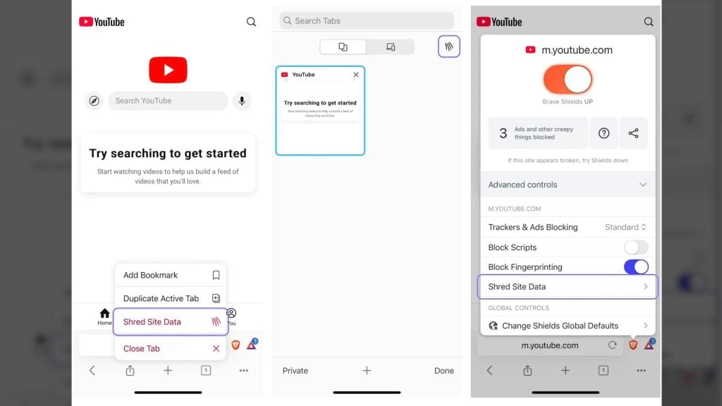 Three screenshots showing the Brave browser interface on mobile: left image displays the YouTube homepage with options to add bookmarks and shred site data; middle image shows the tab management screen; right image features the Brave Shields settings for the YouTube site, including options to block ads and fingerprinting.