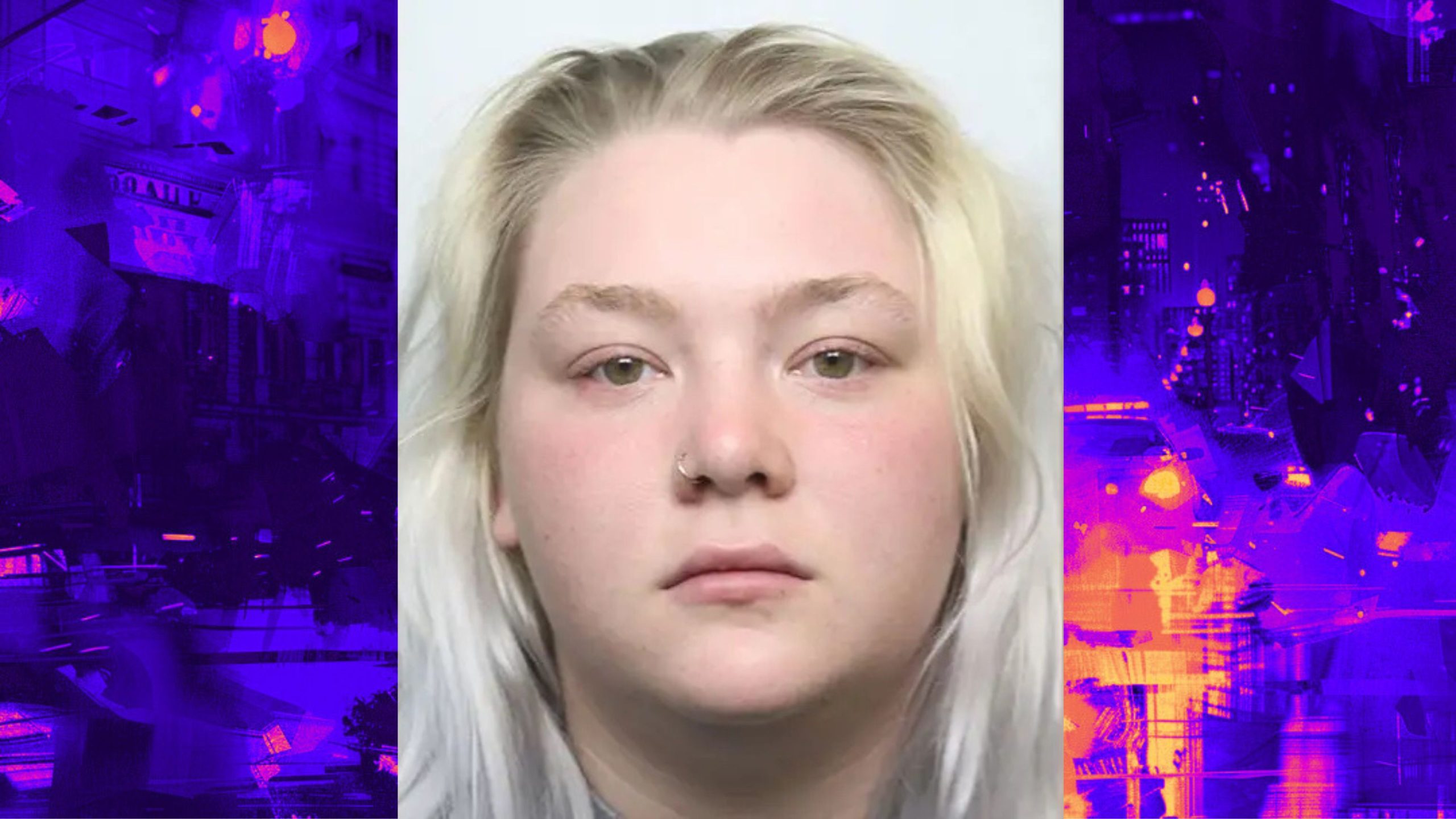 Cameron Bell, mugshot, with light hair and a nose ring against a backdrop featuring abstract purple and orange patterns.