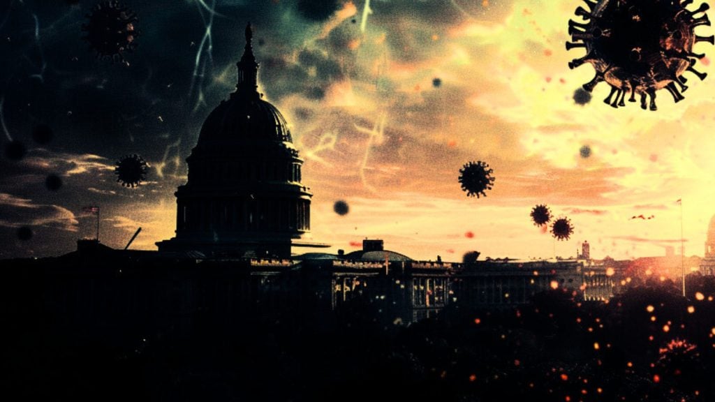 Silhouette of the US Capitol building with illustrations of virus particles in the sky.