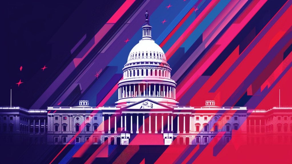 Stylized illustration of the U.S. Capitol building with dynamic red, blue, and purple diagonal lines.