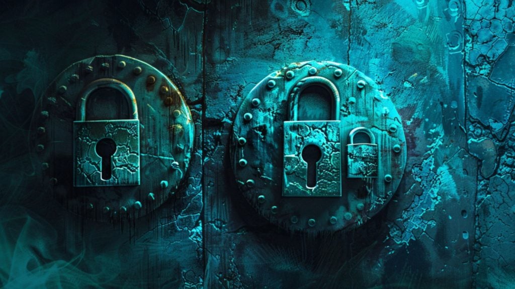 Two large, weathered, round metal locks with keyholes on a textured blue-green surface.