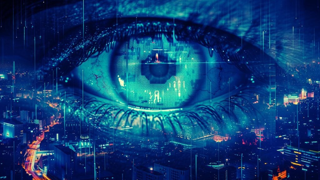 A futuristic depiction of a human eye superimposed on a cityscape, with digital elements and glowing effects.