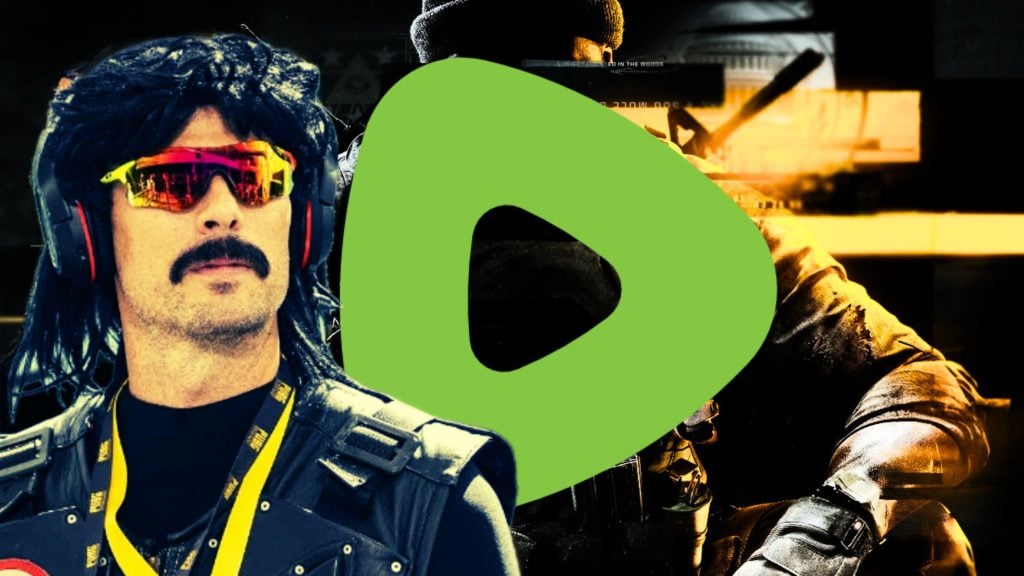 Dr. Disrespect wearing sunglasses, a headset, and a black wig, with a green play button overlay in the center.