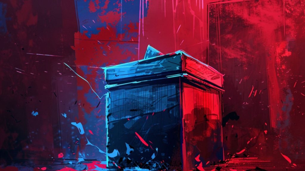 Abstract artwork depicting a ballot box can with vibrant red and blue splashes in the background.