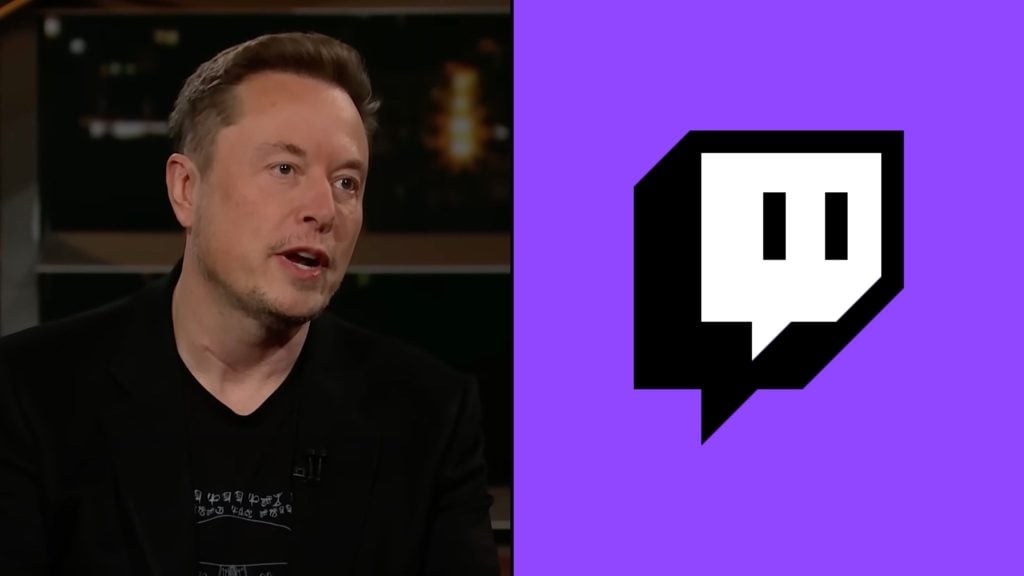 Elon Musk on the left and the Twitch logo on a purple background on the right.