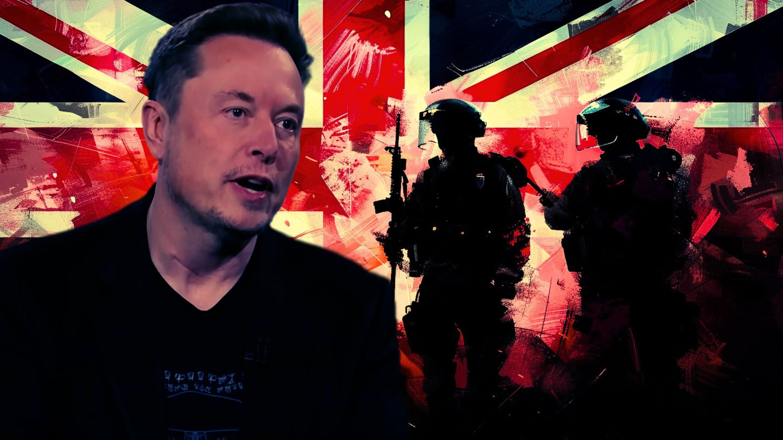 Elon Musk is speaking in front of a backdrop featuring the Union Jack and silhouettes of armed police.