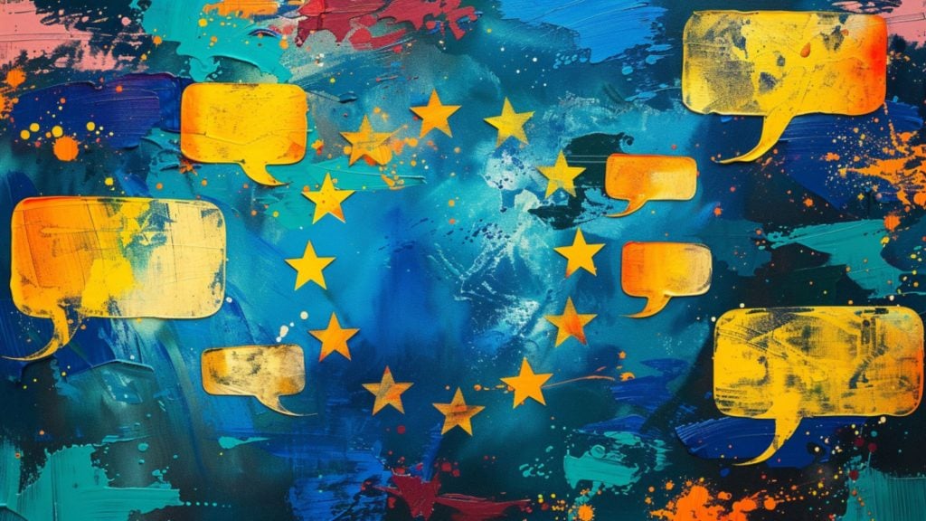 Abstract painting with the European Union stars encircled by yellow speech bubbles on a blue, red, and orange textured background.