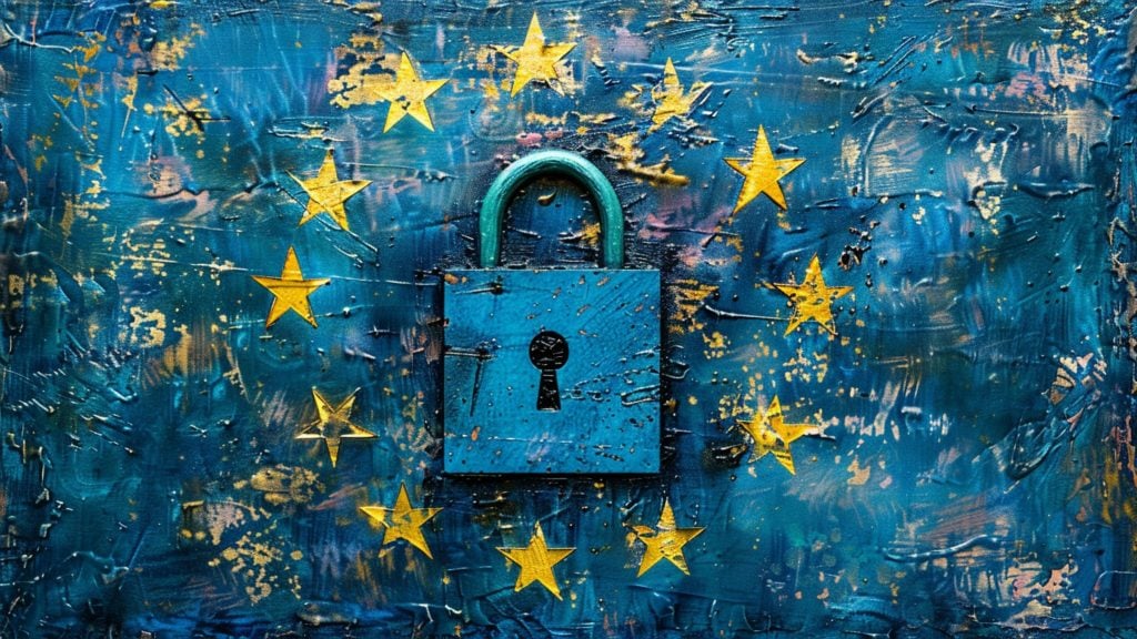 A large blue padlock over the European Union flag with yellow stars on a textured blue background.