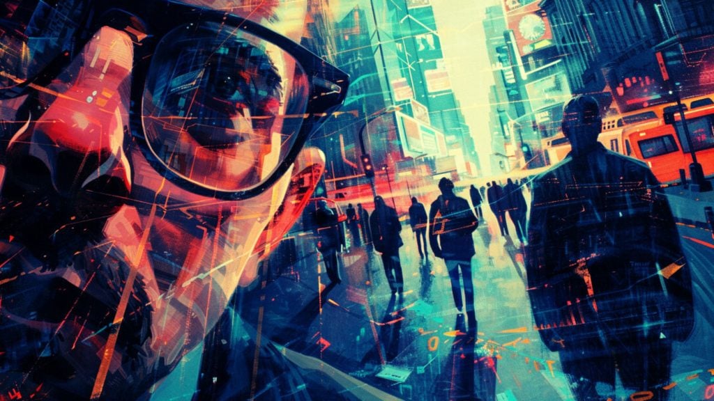 Abstract digital artwork depicting a bustling city street with a person wearing glasses in the foreground, colorful geometric patterns, and silhouetted figures in the background.