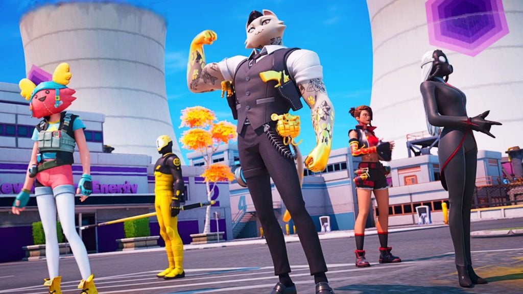 A group of stylized characters in a colorful video game setting, featuring a muscular cat-headed figure in a suit, a masked character in yellow, and others in unique outfits.