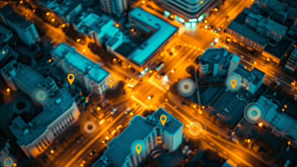 Aerial view of a cityscape at night with illuminated streets and buildings. Multiple location markers are overlaid on the image, indicating a concept of navigation or connectivity.