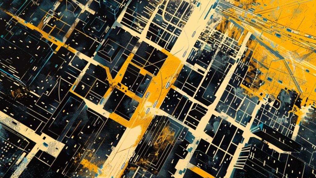 Abstract aerial city map with bold yellow, black, and white geometric patterns.