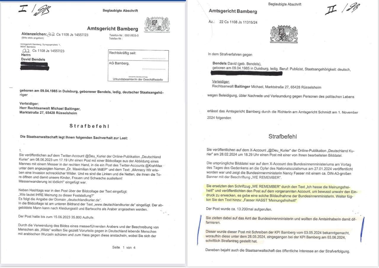 Legal documents from Amtsgericht Bamberg involving a penal order for David Bendels, detailing accusations of defamation and insult against public figures, with specific references to social media activity.