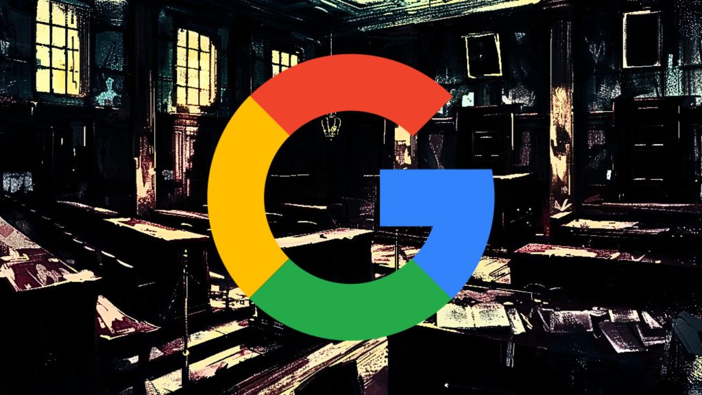 Google logo overlaid on an illustration of a courtroom.