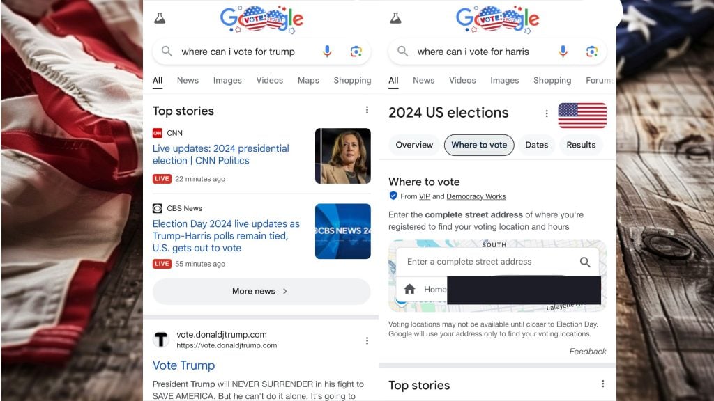 Split-screen image with left side showing a close-up of an American flag and search results for "where can I vote for Trump," while the right side displays similar search results for "where can I vote for Harris" with voting information and news updates.