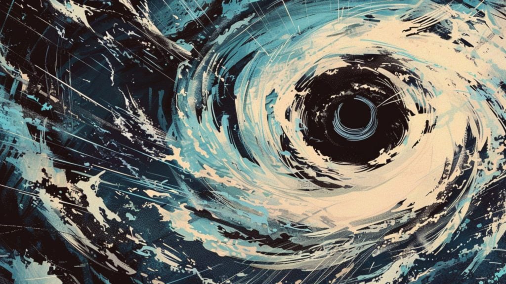 Abstract depiction of a swirling hurricane with blue and white brushstrokes on a dark background.