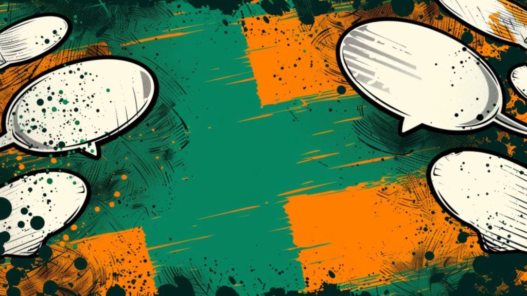 Comic-style background with green and orange splashes, featuring several blank speech bubbles.