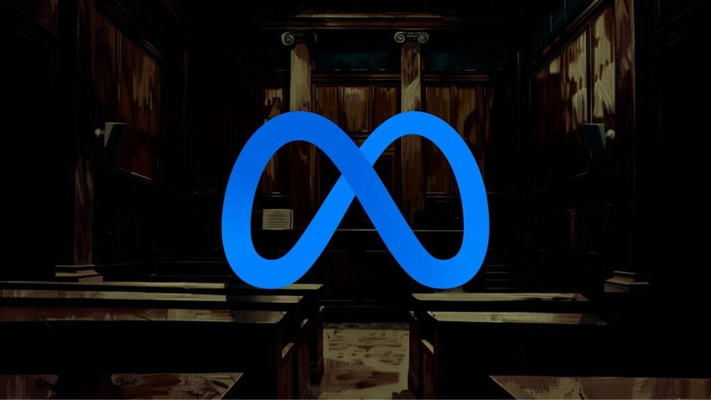 Blue Meta logo in the foreground of a dimly lit courtroom.