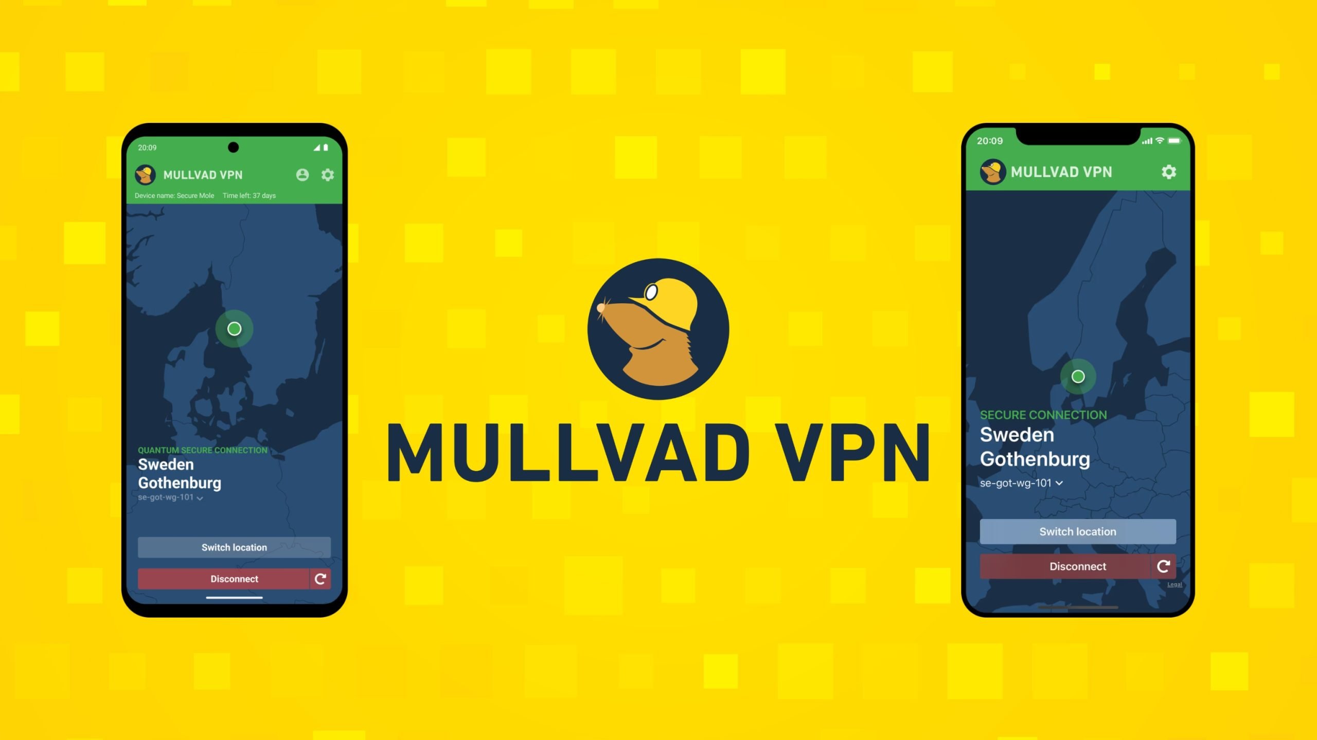 Two smartphones displaying Mullvad VPN app interfaces with a yellow background featuring the Mullvad logo.