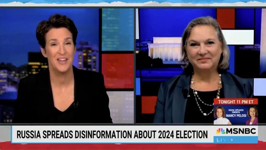 Maddow and Nuland on a split-screen news broadcast with a headline about Russia spreading disinformation about the 2024 election.