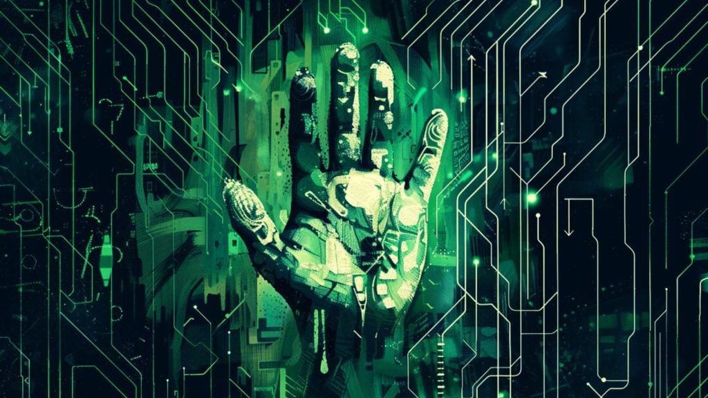 A green digital-themed illustration of a hand with circuit patterns overlaying a dark background.