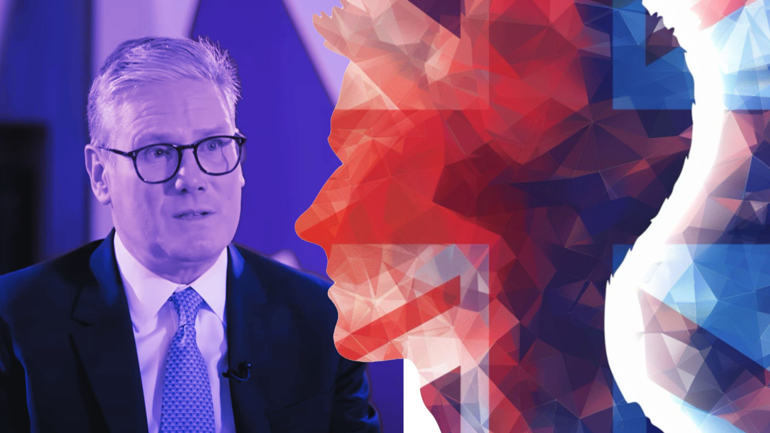 Keir Starmer in glasses is shown with a stylized, abstract side profile overlay in blue and red tones.