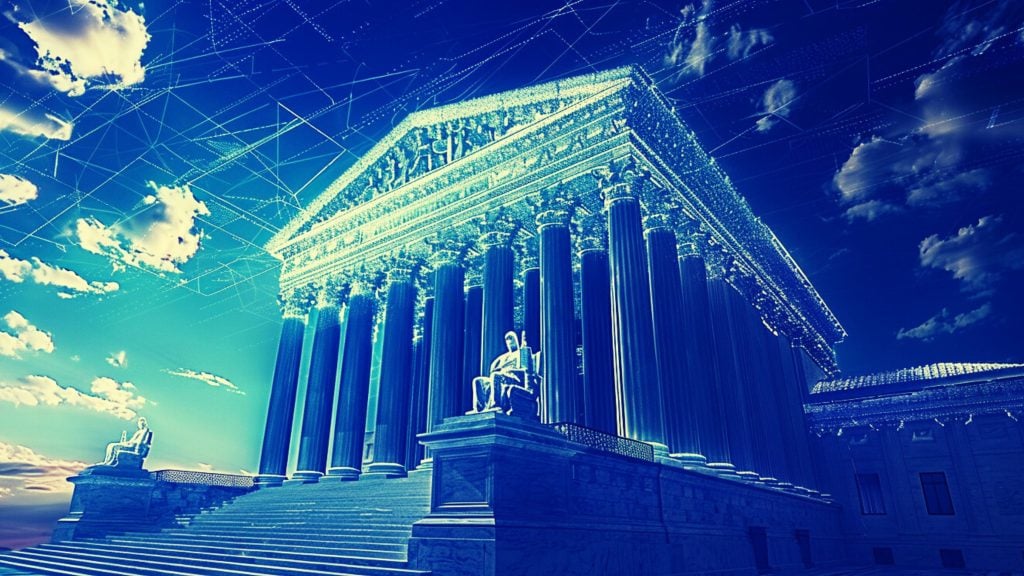 A digital illustration of a neoclassical building with columns and statues, set against a vibrant blue sky with geometric patterns.