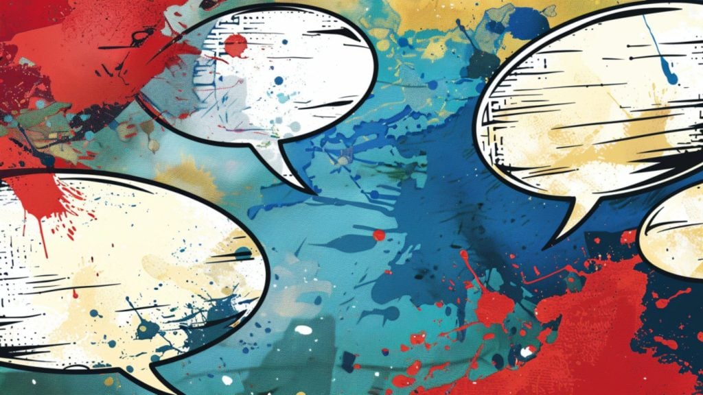 Comic-style speech bubbles with colorful paint splatters in the background.