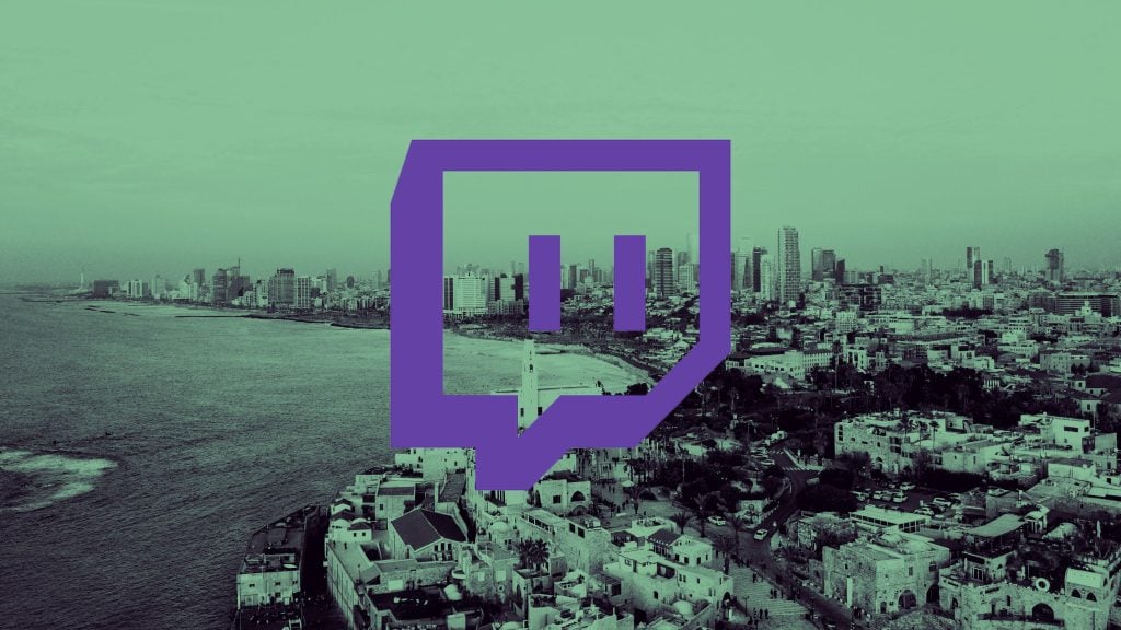 A purple Twitch logo overlaid on a cityscape with a coastline and modern buildings.