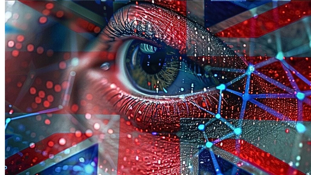 Close-up of an eye with a Union Jack flag overlay and digital network lines.