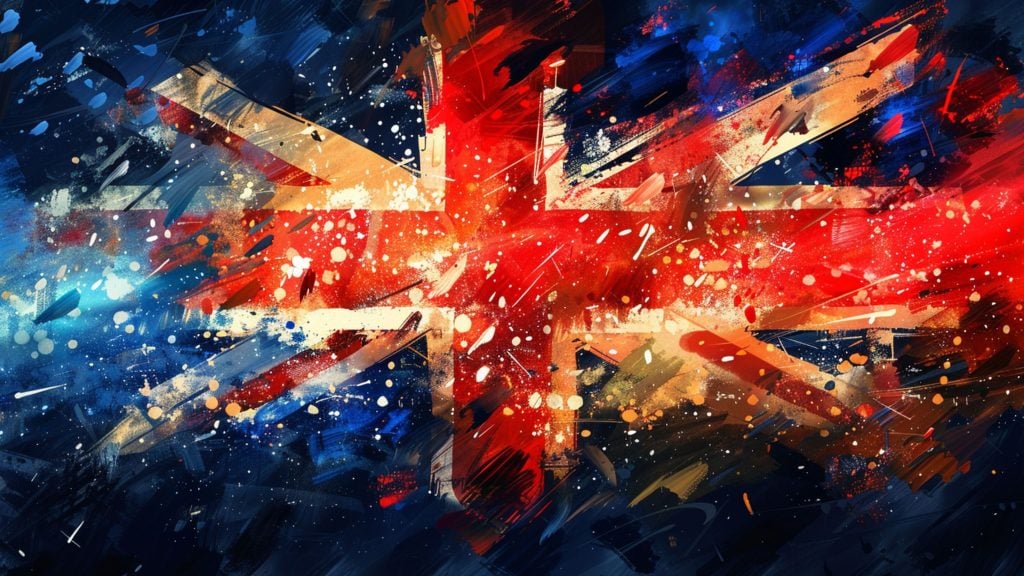 Abstract painting of the British flag with splashes of red, white, and blue.