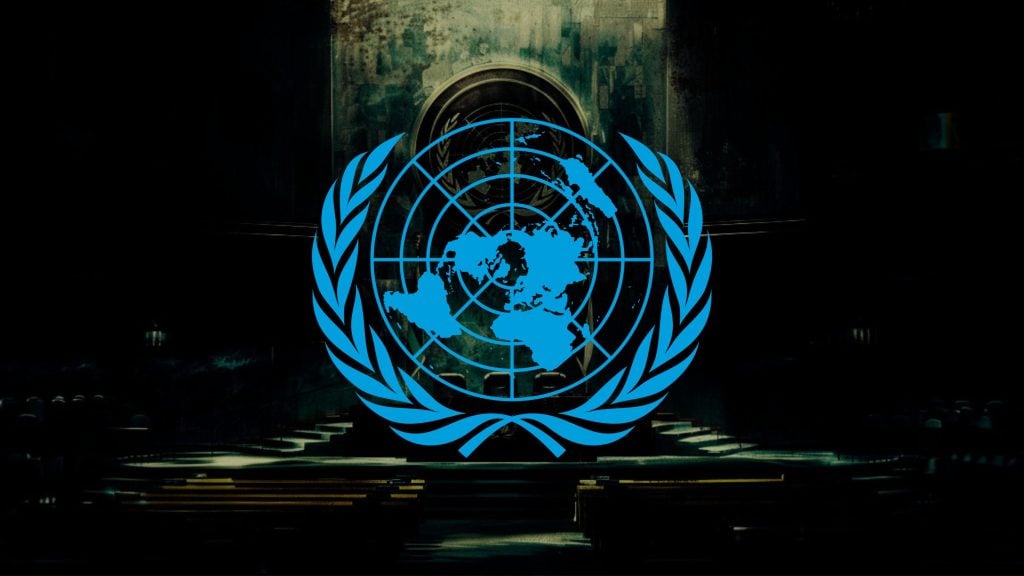 UN emblem overlaying a dimly lit, empty conference room.