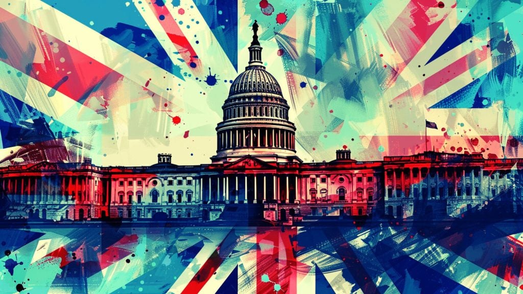 Abstract painting of the US Capitol building with artistic splashes of red, blue, and white.