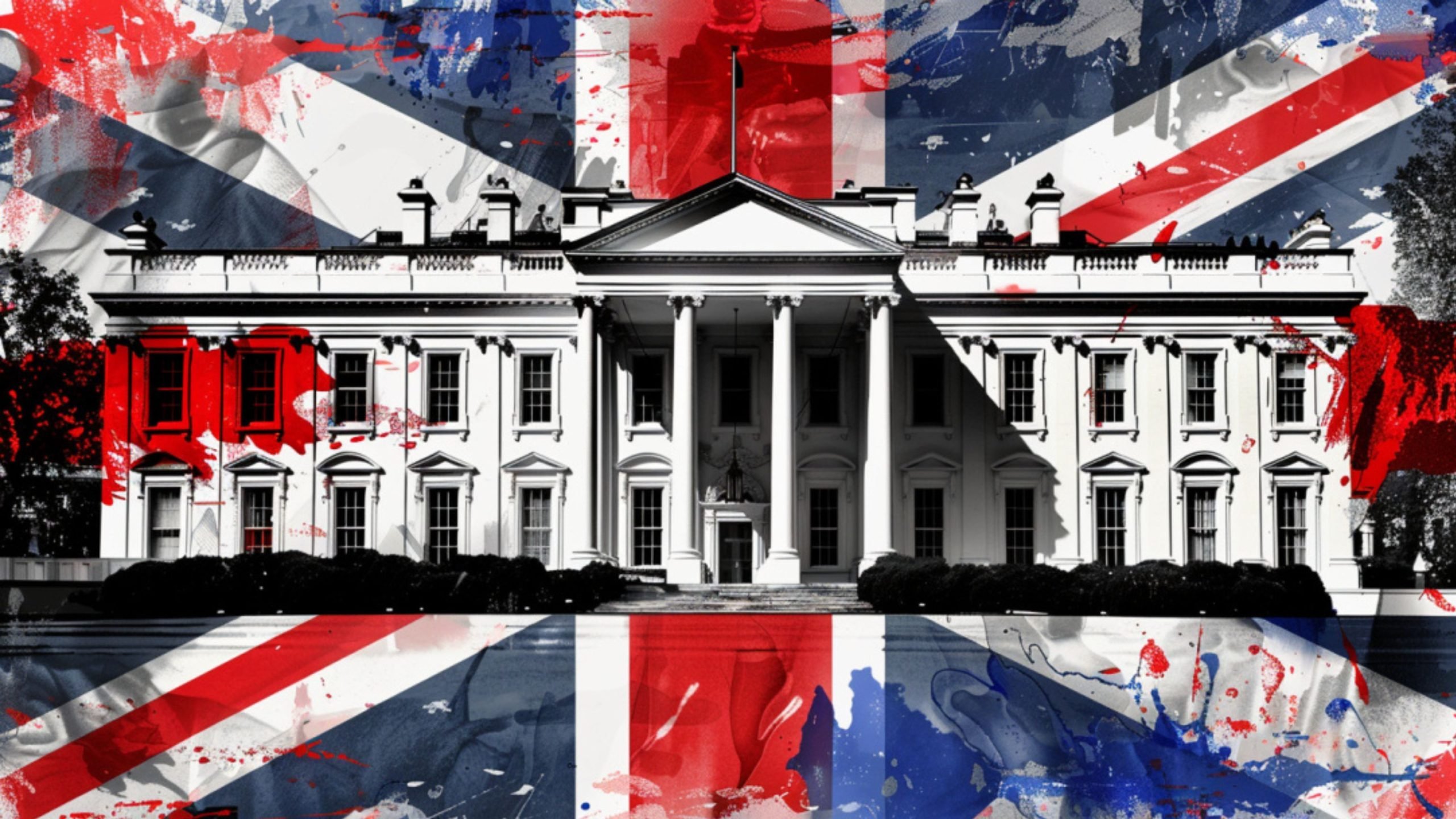 The White House overlaid with Union Jack colors and paint splatters.