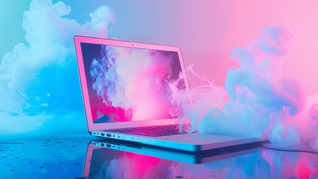 A laptop with a colorful pink and blue smoke effect surrounding it.