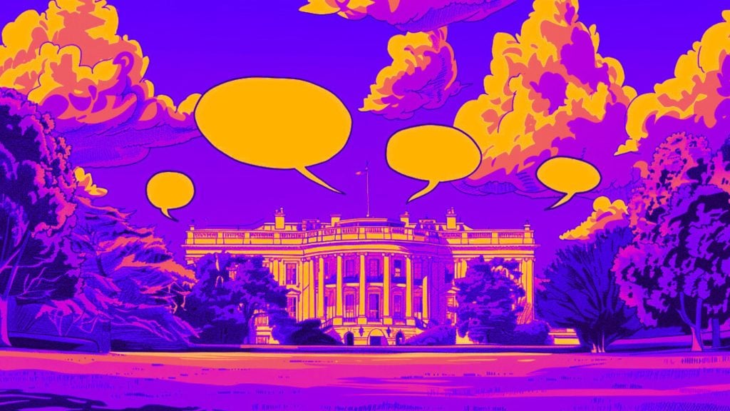 A vibrant, stylized illustration of the White House surrounded by colorful clouds with empty speech bubbles.