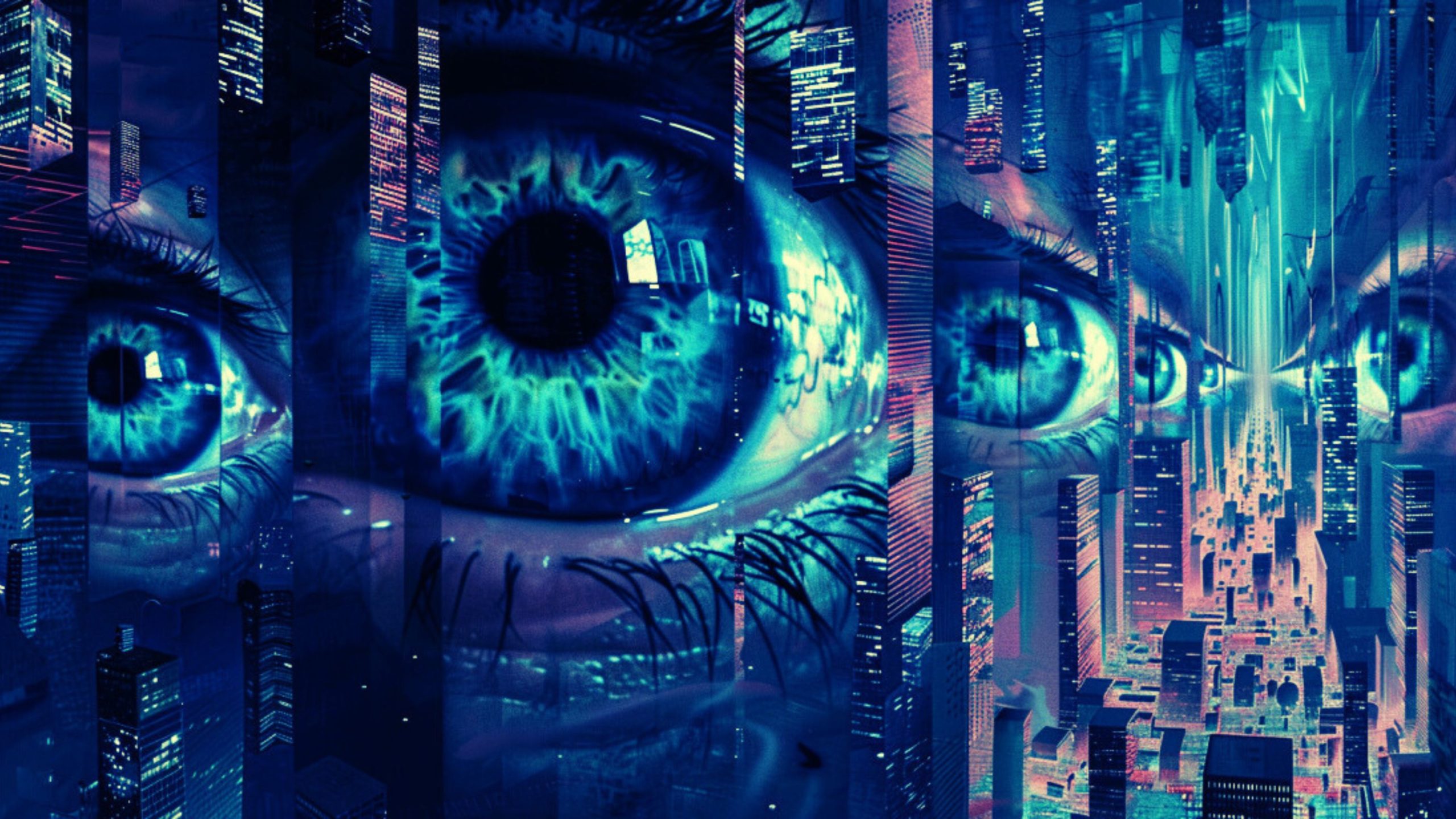 A surreal cityscape with large blue eyes overlaying tall buildings, creating a futuristic and mysterious atmosphere.