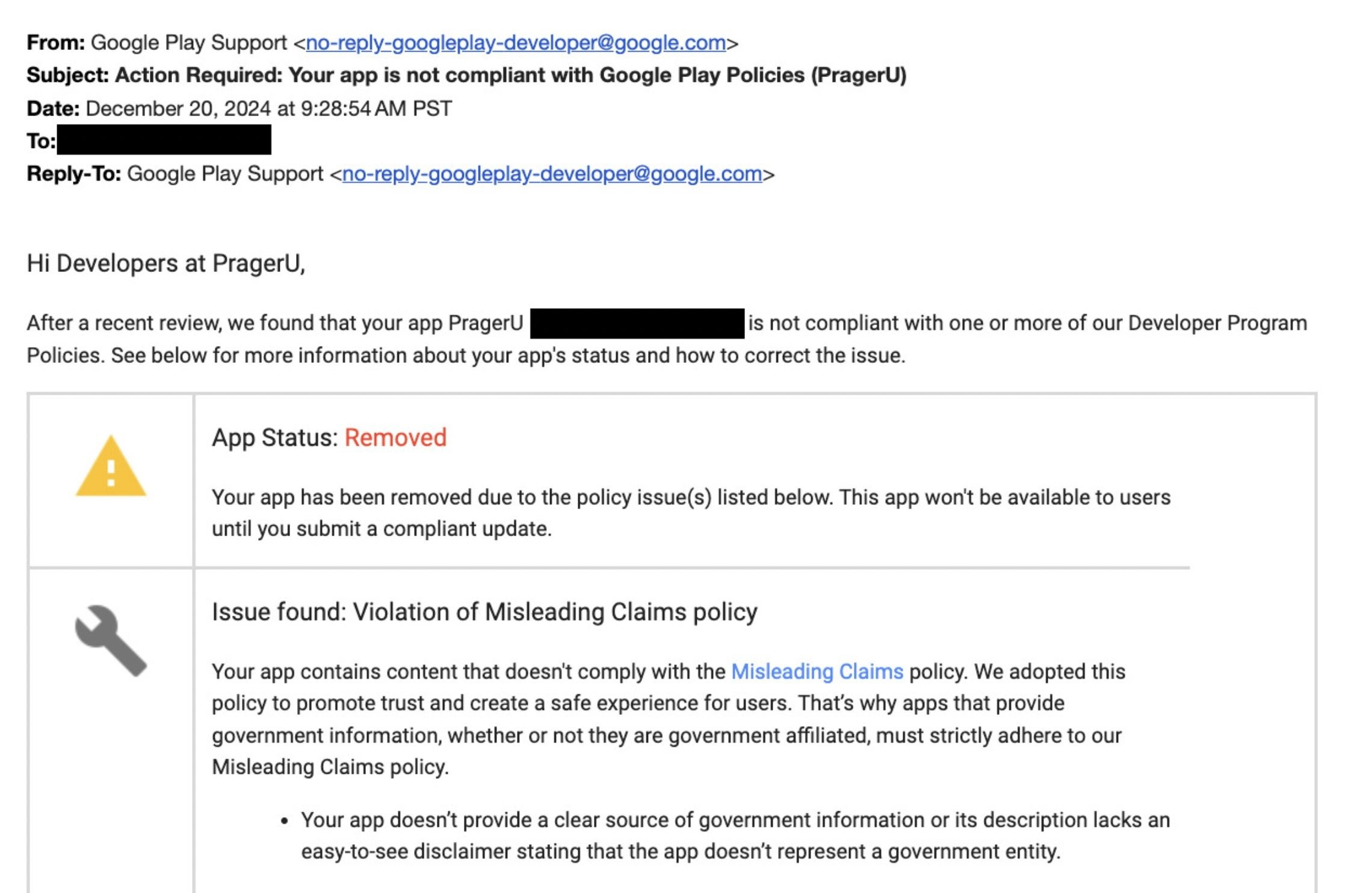 Email from Google Play Support to PragerU about app removal due to violation of Misleading Claims policy, requiring compliance update.