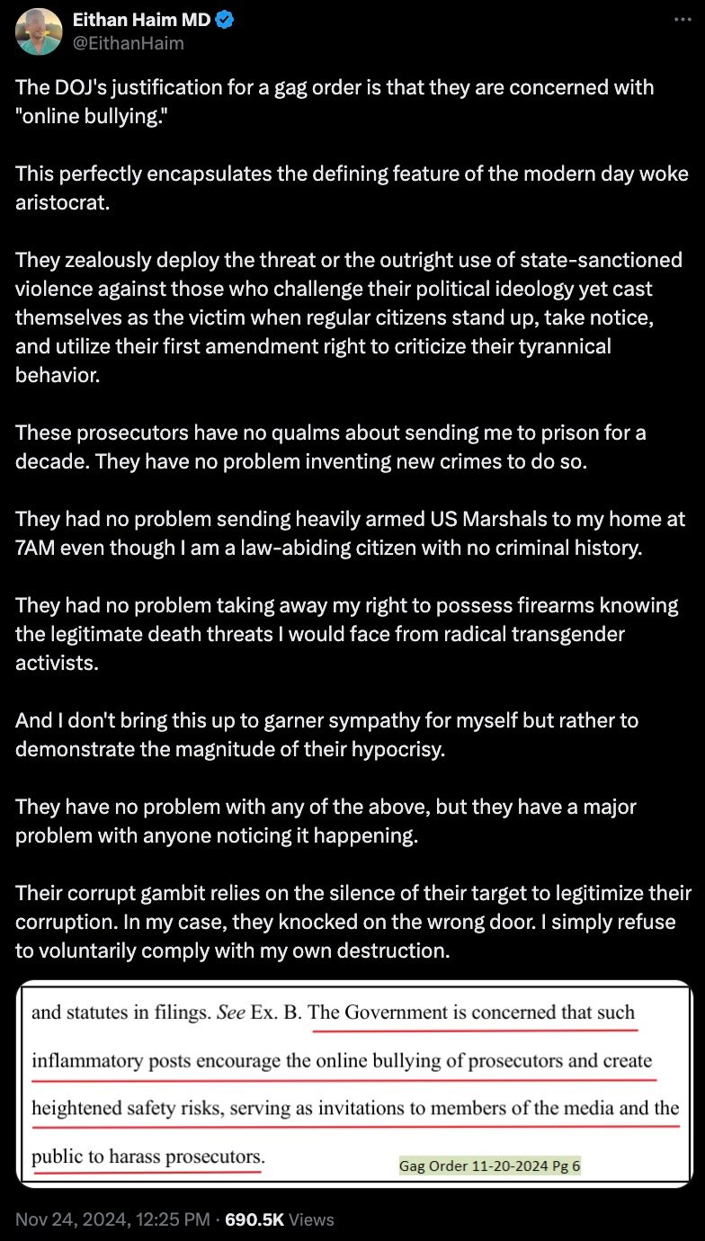 Tweet from Eithan Haim MD discussing concerns with a DOJ gag order citing "online bullying," and criticizing what he views as modern political hypocrisy and state overreach. Includes a highlighted excerpt from a government document.
